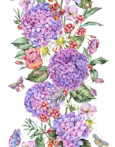 水彩夏季无缝边界与粉红色绣球菊甘菊浆果，野花，黑莓和蝴蝶。 白色背景的天然花卉插图