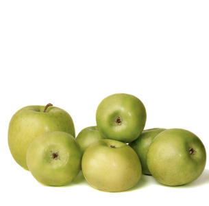 白色背景上一串绿色苹果的图像