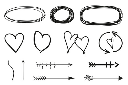 隔离背景上的信息元素。 手绘框架和白色箭头。 抽象框架。 线条艺术。 一组不同的形状。 黑白插图。 用于设计的涂鸦