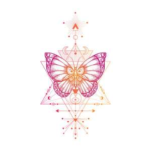 矢量插图与手绘蝴蝶和神圣的几何符号在白色背景. 抽象的神秘符号.