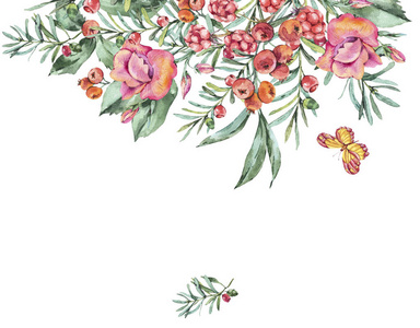 水彩复古花束，浆果，野花，黑莓和蝴蝶。 邀请函贺卡。 白色背景夏花的天然花卉插图