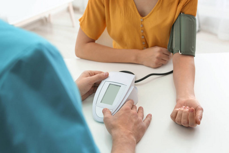 s blood pressure in hospital, closeup. Cardiology concept