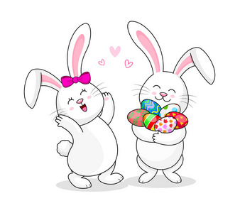 可爱的卡通白兔拿着复活节彩蛋。 复活节快乐。 卡通人物设计。 白色背景上孤立的插图。