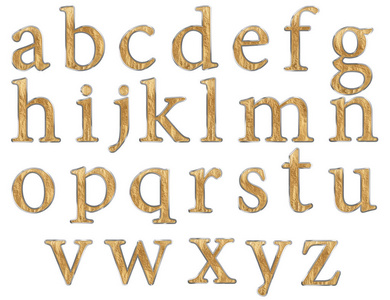 一组英文字母，小写，金色和银色纹理隔离在白色背景3D插图。