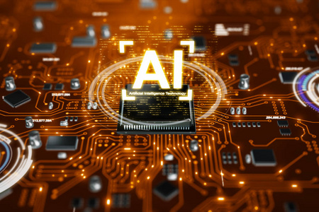 3D渲染AI人工智能技术CPU中央处理器单元芯片组在印刷电路板上的电子和技术概念选择焦点浅场深