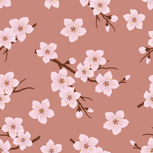 无缝图案，樱桃枝开花。粉红色背景上有白色花朵和花蕾的树枝。春天的花背景。矢量图