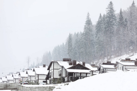 美丽的风景山滑雪胜地与许多别墅。寒假