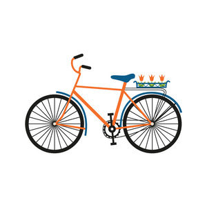 自行车与郁金香花束在篮子里。白色背景上隔离的自行车颜色图标。平面矢量图。