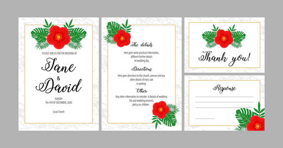婚礼请柬设置花卉矢量插图。婚礼卡片邀请问候的设计。