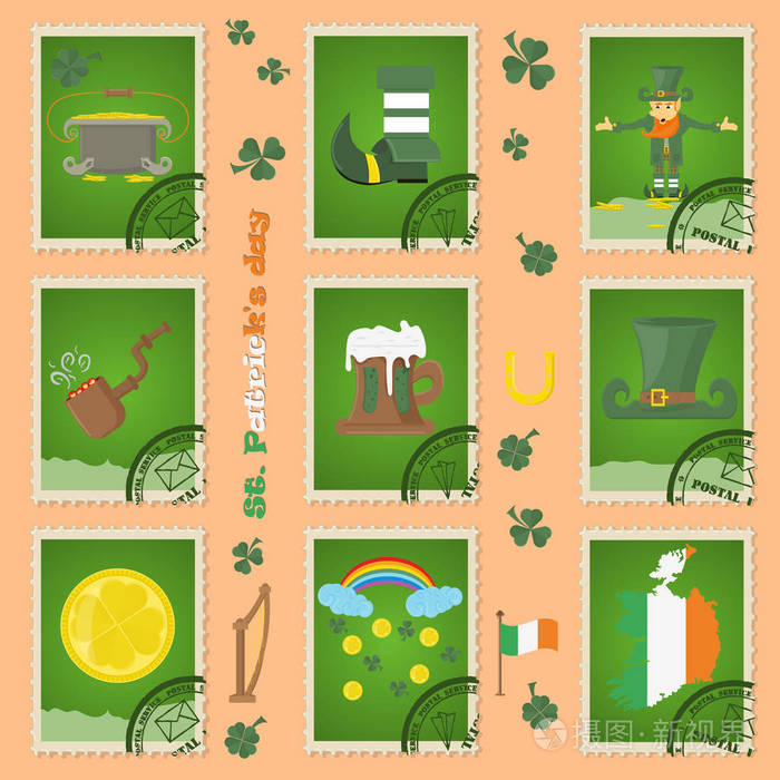 爱尔兰圣帕特里克节假日设计的矢量插图元素,以平式邮票形式绘制
