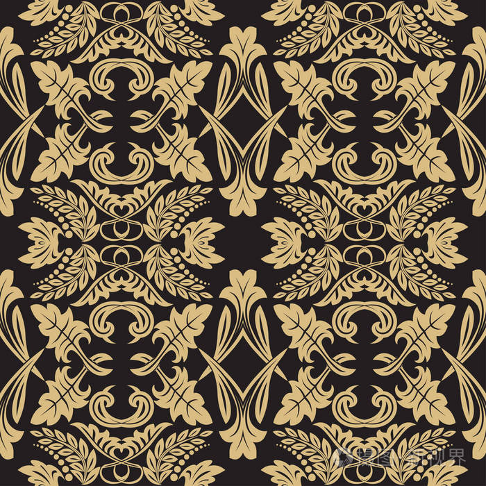 巴洛克风格的无缝花卉图案. 黑色背景上的金饰品. 矢量图.
