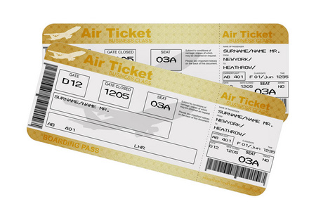 黄金商务或一级航空公司登机牌，白色背景飞行机票。 3D渲染