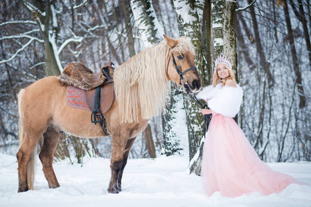 公主戴着皇冠，冬天带着马。 童话故事