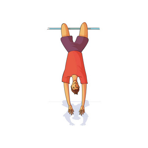 单杠卡通年轻的男性倒挂在横杆上.穿运动服的男人健康的生活方式.