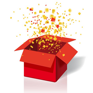 盒子爆炸, 爆炸。打开红色礼品盒和五彩衣。进入赢取奖品。中奖, 抽奖, 测验。矢量插图。隔离的模板
