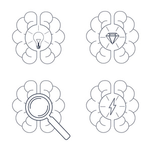 头脑风暴图标设置。带灯泡钻石百叶窗雷电闪光的大脑