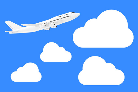 s Airplane in the Sky with Clouds on a blue background. 3d Rende