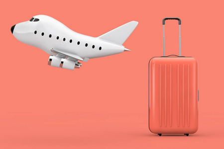 航空旅行概念。 大型多色聚碳酸酯手提箱与卡通玩具喷气式飞机在粉红色背景。 3D渲染