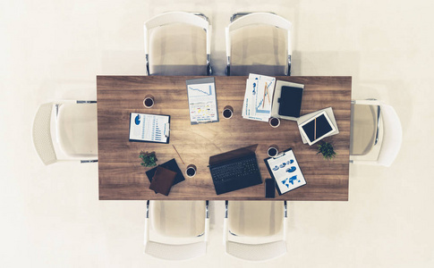 办公室会议室桌子的顶部视图，没有人。 商业概念。