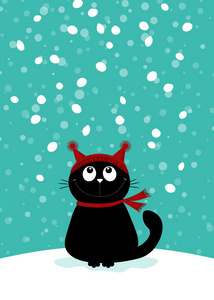 圣诞插图与一只黑猫在雪地上。
