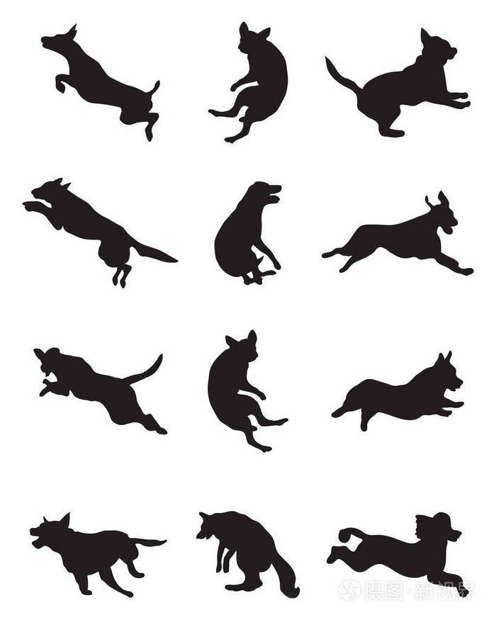 在白色背景下跳跃的狗的黑色轮廓插画-正版商用图片17zchb-摄图新视界