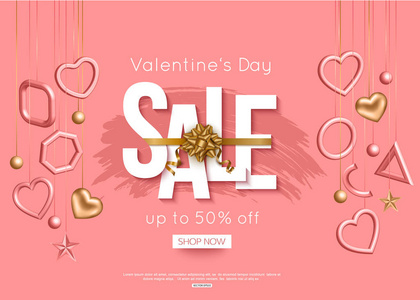 情人节销售海报3d 挂心脏, 剪纸风格和黄金丝带网上购物。向量例证