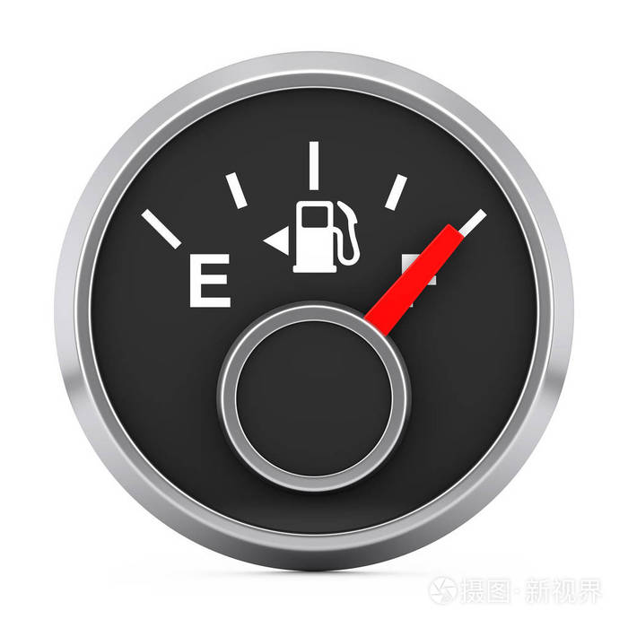 燃油仪表板量规,显示白色背景上的完整油箱. 3d渲染