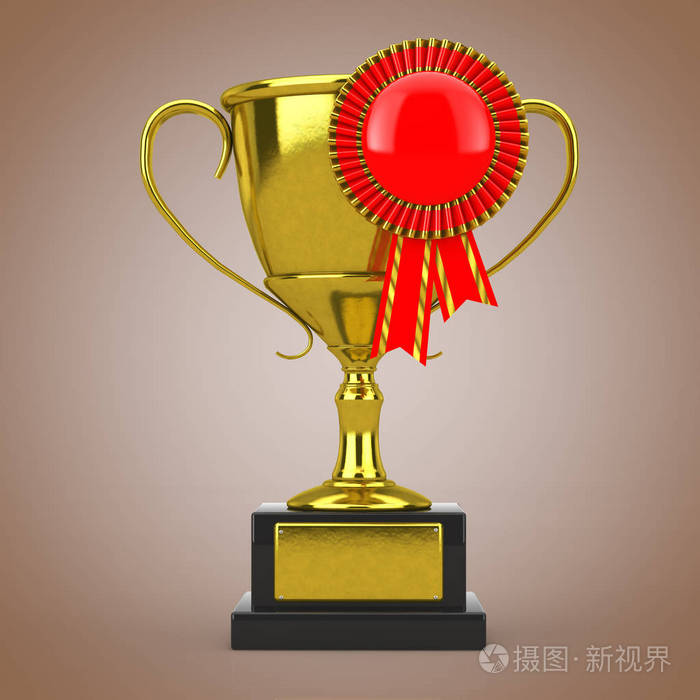 照片 金色奖杯与红色空白奖励丝带玫瑰花在棕色背景. 3d渲染.jpg