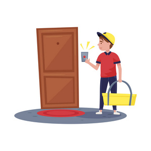 送货员在公寓门铃前响了拿着包的家伙有秩序.