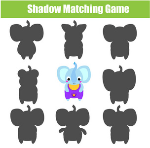 儿童影子匹配游戏。 为学龄前儿童和幼儿的卡通大象动物主题活动找到正确的影子
