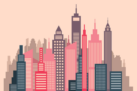 摩天大楼矢量平面设计城市全景图
