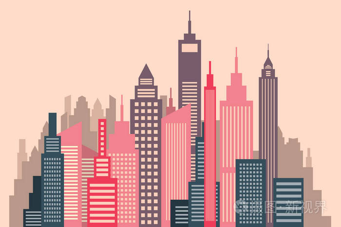 摩天大楼矢量平面设计城市全景图