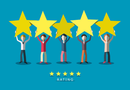 客户质量评级符号。 头顶上有星星的人。 矢量满意度调查反馈平面设计说明。 成功偶像。
