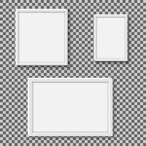 透明背景上的白色写实方形空画框集。 向量