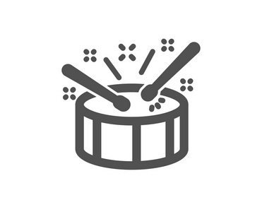 鼓槌图标的鼓. 音乐标志. 乐器符号. 质量设计要素. 经典风格图标.