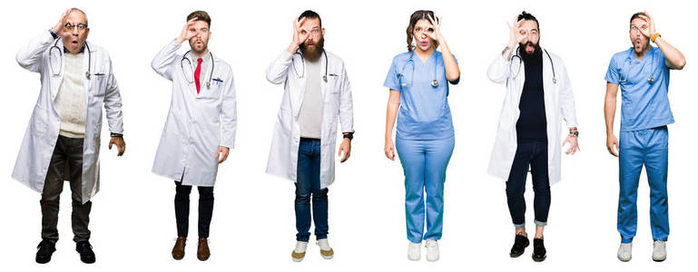 拼贴的医生和外科医生小组的人在白色的孤立的背景上做OK手势，震惊的脸，眼睛通过手指看。 不相信的表情。