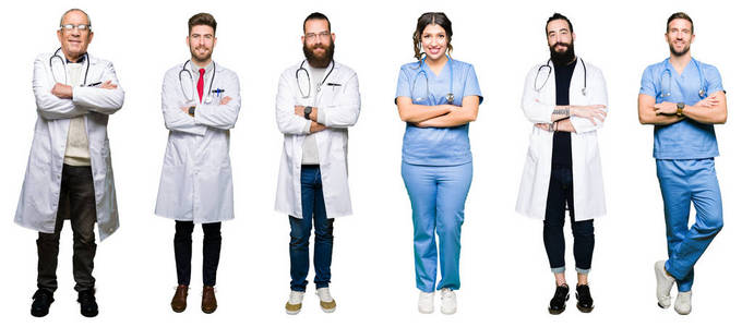 拼贴一群医生和外科医生，人们在白色的孤立的背景上，快乐的脸，用交叉的手臂看着摄像机。 积极的人。