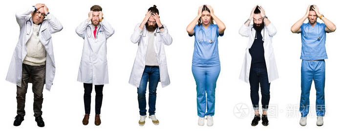 拼贴的一组医生和外科医生，人超过白色孤立的背景，患有头痛绝望和压力，因为疼痛和偏头痛。 手放在头上。
