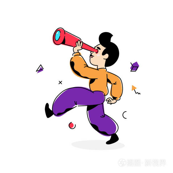 用望远镜说明一个男孩矢量平的风格那个男孩正在寻找他的路在年轻的