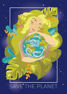 在星空背景下,带有绿色头发的自然女人拥抱我们星球的横幅可以作为