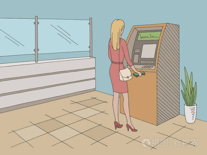 从银行内部平面彩色素描插图矢量图中提款的妇女