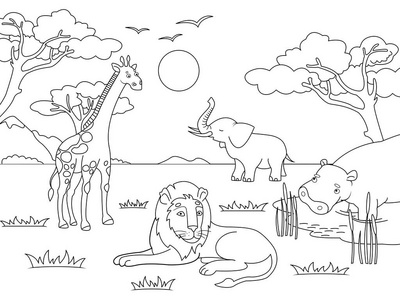 孩子们画画。非洲的动物, 大陆的哺乳动物, 动物园。矢量着色, 黑色和白色着色