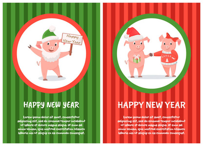 个新年贺卡, 雄性和雌性小猪相似素材图片