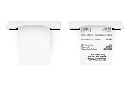 在白色背景上打印空白购物票据收据ATM模型。 3D渲染