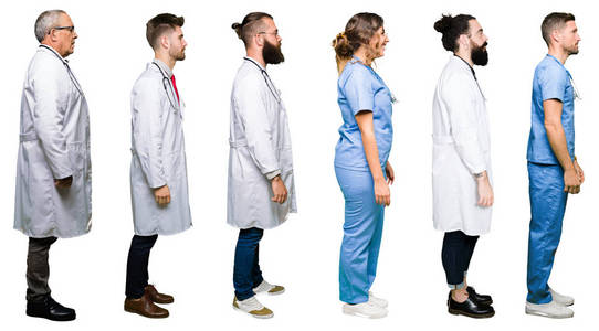 拼贴的医生和外科医生小组的人在白色孤立的背景上，看着侧面放松的轮廓姿势，自然的脸，自信的微笑。