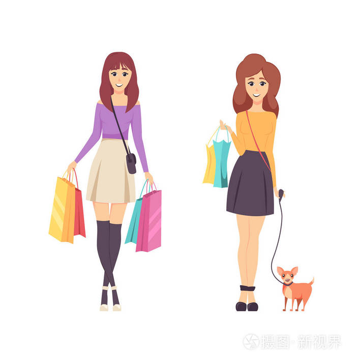 购物年轻女子携带大量的袋向量