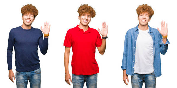 在孤立的白色背景下,放弃打招呼,快乐和微笑,友好的欢迎姿态摄影图