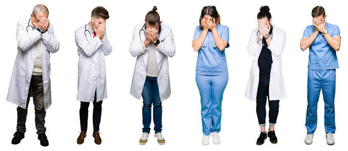 拼贴一组医生和外科医生的人在白色孤立的背景上，悲伤的表情覆盖着脸，同时哭泣。 抑郁的概念。