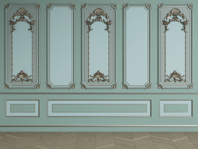 经典的内部橄榄色墙与镀银模具。地板拼花人字形..数字插图。3D渲染