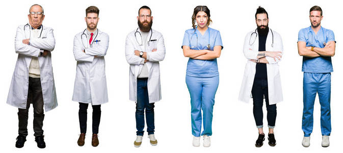 一群医生和外科医生对白人背景的怀疑和紧张，不赞成的表情在脸上交叉的手臂。消极的人。